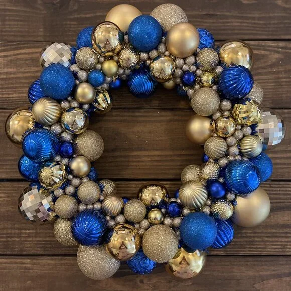 Handmade Blues & Golds Shatterproof Ball Wreath Gender Party Shower Christmas Wreaths
